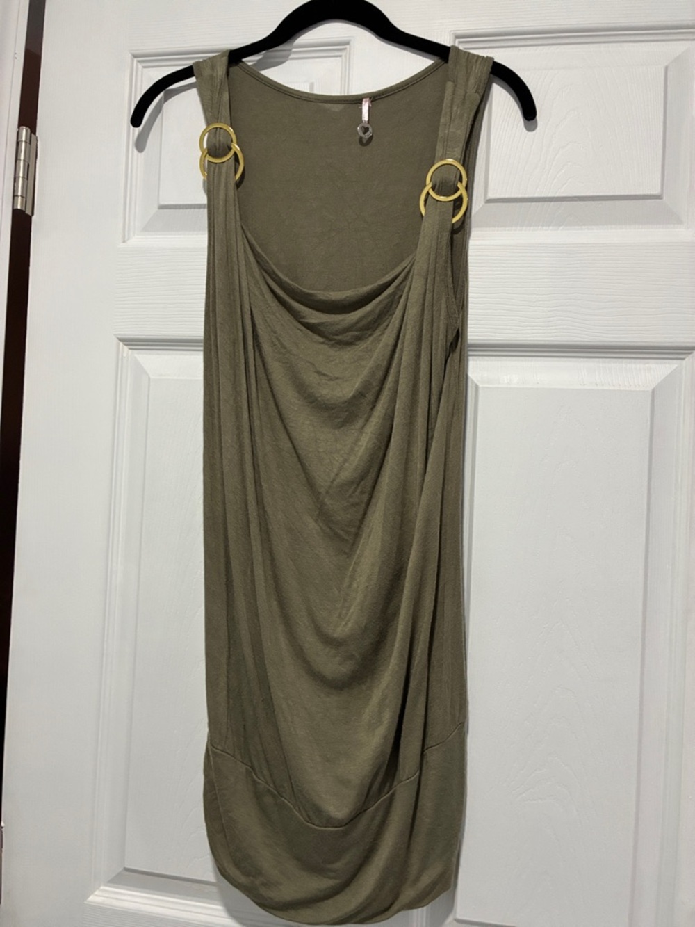 Robin K. Olive Green Drape Tank Dress Long Top with Gold Ring Details at Straps